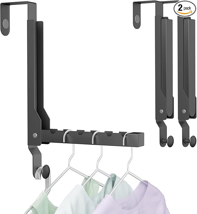 BAKON Over The Door Hanger Folding Clothes Drying Rack, Folding Hanging Coat Rack for Indoor Laundry Room Compact Small Space Foldable Portable Clothing Hanger Hook Collapsible (Black-2(Upgraded))