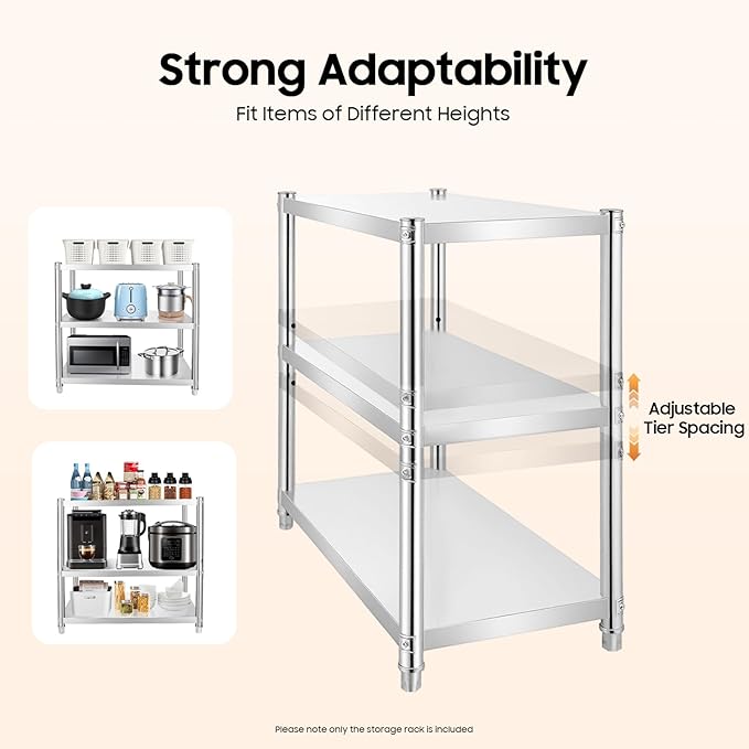 Metal Work Table,3 Tier Kitchen Storage Rack, Stainless Steel Shelving Unit Organizer with Adjustable Shelf for Pantry, Bathroom, Laundry Room, 66 lbs Load Capacity