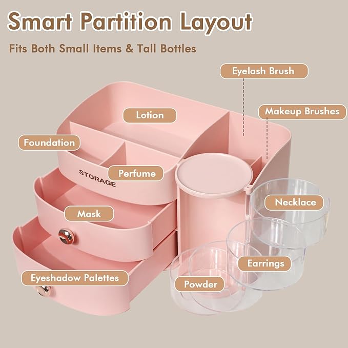 XIAPIA Makeup Organizer Countertop, Make Up Organizer for Vanity, Skincare & Cosmetic Organizers with Drawers, Bathroom Organizers Storage for Brush Holder|Lipstick|Jewelry, Ideal Gift for Women PINK