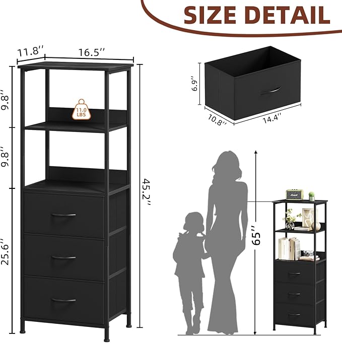 Somdot 3 Tier Bookshelf with Drawer, Tall Bookcase with Shelves, Bookshelf Desktop Organizer, Display Standing Shelf Units for Living Room, Bedroom, Study Room, Black