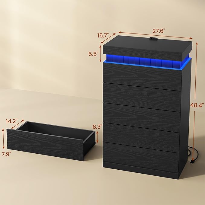 Tall Black 5 Dresser for Bedroom, Sliding Top Storage Space, Modern Wood Drawers with LED Light and Power Outlet, Large Chest of Drawer for Living Room, Hallway, Entryway (5 Drawers,Black)