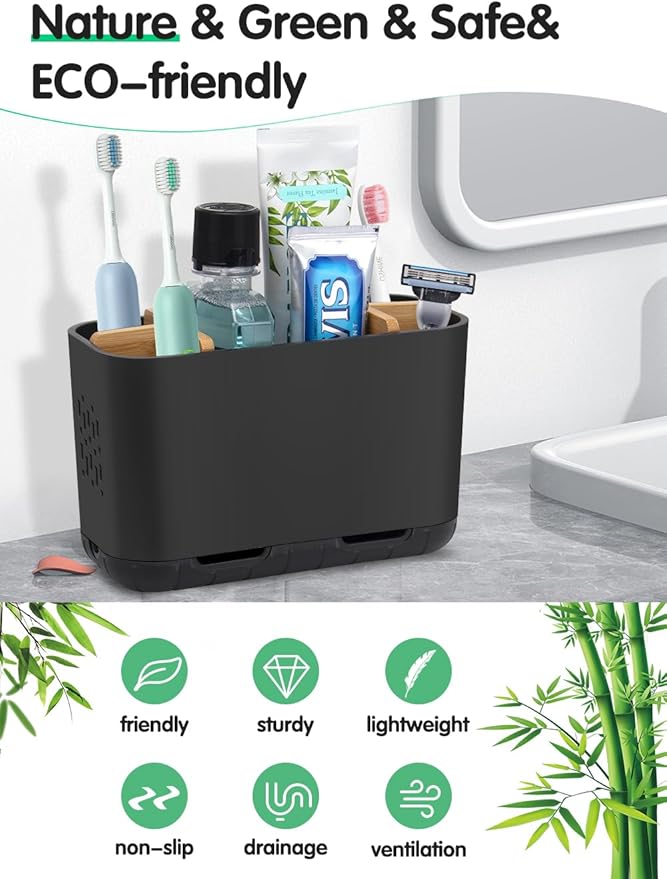 Black Toothbrush Holder, Bamboo Toothbrush and Toothpaste Holder with Drainage, Electric Kids Matte Black Toothbrush Holders Set Organizer for Bathrooms Countertop Accessories Storage