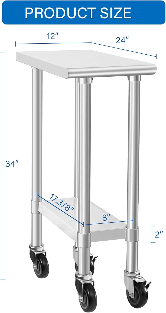 HARDURA Stainless Steel Commercial Table Prep & Work Table with Casters Heavy Duty Metal Table with Wheels NSF 430 24×12 Inches