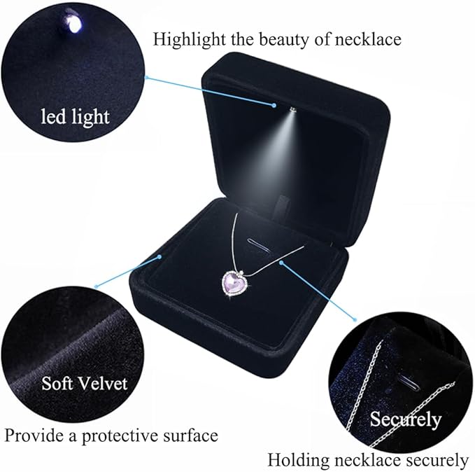 GBYAN Pendant Necklace Box with LED Light, Necklace Gift Box Velvet Jewelry Display Case for Proposal Engagement Wedding and Birthday,Black
