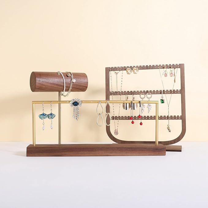 GemeShou wooden earring holder organizer for girls, walnut stud earring display stand for boutique store, jewelry storage organizer shelf【Walnut stand-One Tier】