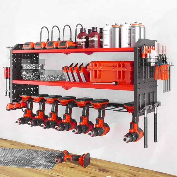 Warome Garage Tool Organizer Wall Mount with Charging Station, Power Tool Organizer with Large 8-Outlet Power Strip, Tool Storage Rack with 8 Cordless Drill Holders, Battery Utility Rack in Red