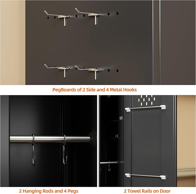 Aobabo 72" H Garage Storage Cabinet with Wheels, Broom Closet Lockable Metal Cleaning Tool Cabinet with Hooks, for Cleaning Supplies Broom mops, Assembly Required, Black