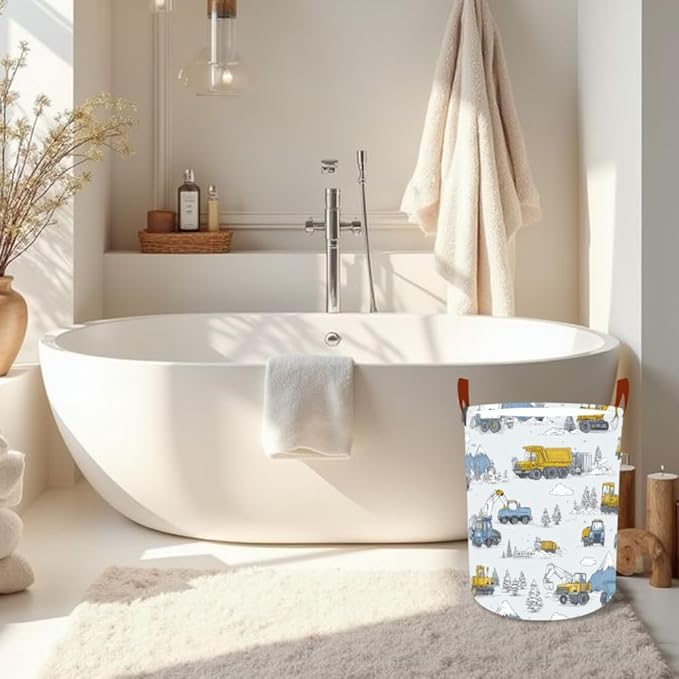Laundry Baskets 15.7x19.7 Inch Construction Truck Mountain Scene Design Collapsible Laundry Hamper with Handles Oxford Fabric Clothes Storage Bin Foldable Dirty Clothes for Bedroom Bathroom Dorm