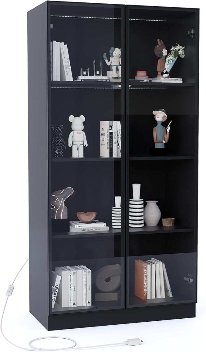 Glass Display Cabinet with LED Lights Set of 2, Display Case Bookcase with 4-Tier Shelves, Curio Cabinet with 2 Glass Doors, Storage Cabinet for Collectibles, Living Room
