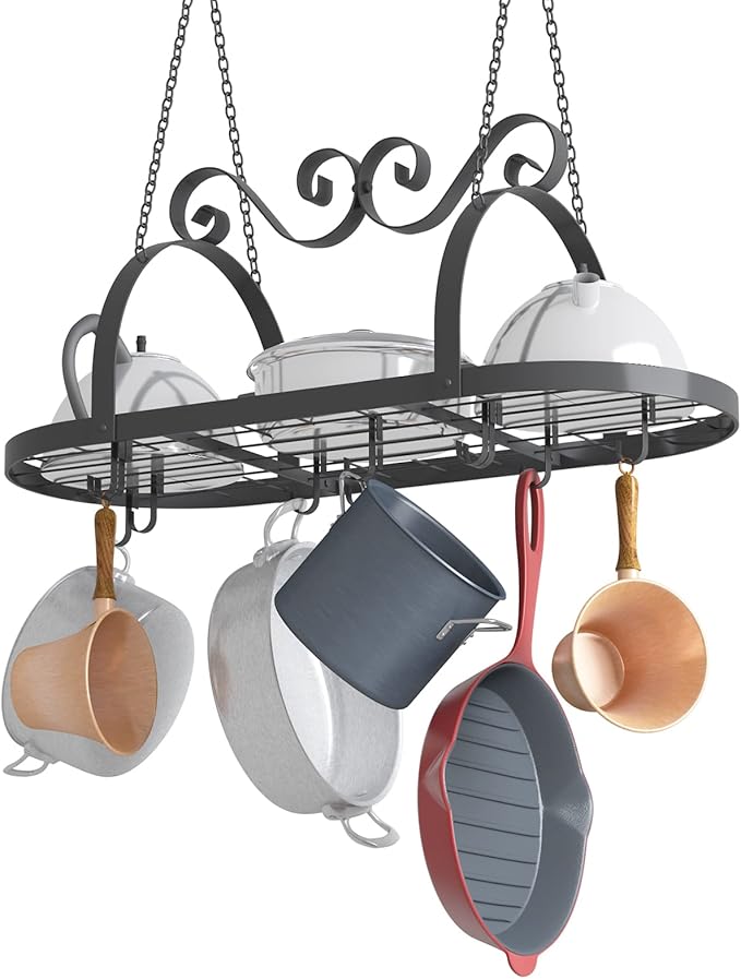 33" Pots and Pans Hanging Rack, Heavy-duty Metal Pan Rack Hanger Organizer with Hooks, Hanging Pot Rack Ceiling Mount for Kitchen Cookware Utensils Toiletries