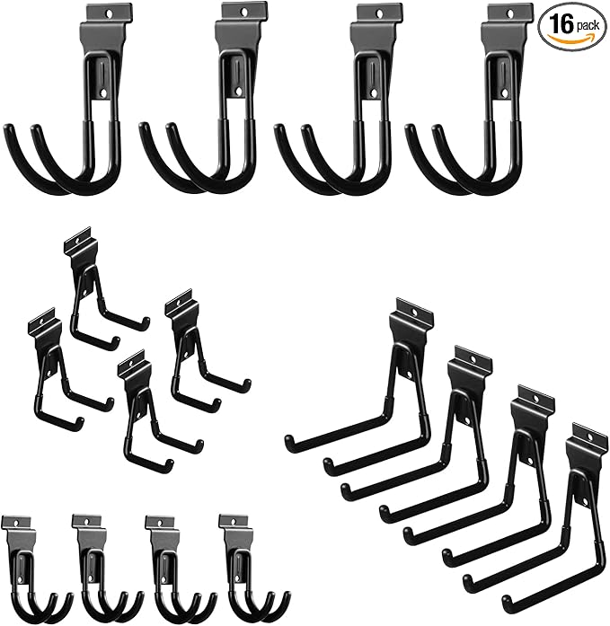 Slat Wall Hanging Hooks, Slatwall Accessories, Slatwall Hooks Assortment, Slat Wall Accessories, Heavy Duty Garage Slatwall Hooks and Hangers,16Pack(Black)