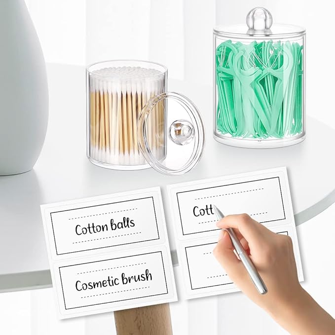 ME.FAN Qtip Holder Dispenser - 4 Pack 10oz, 12oz Clear Plastic Apothecary Jars Set - Restroom Bathroom Makeup Organizers Containers for Cotton Ball/Swab/Round Pads, Floss, Hair Ties, Bath Salt