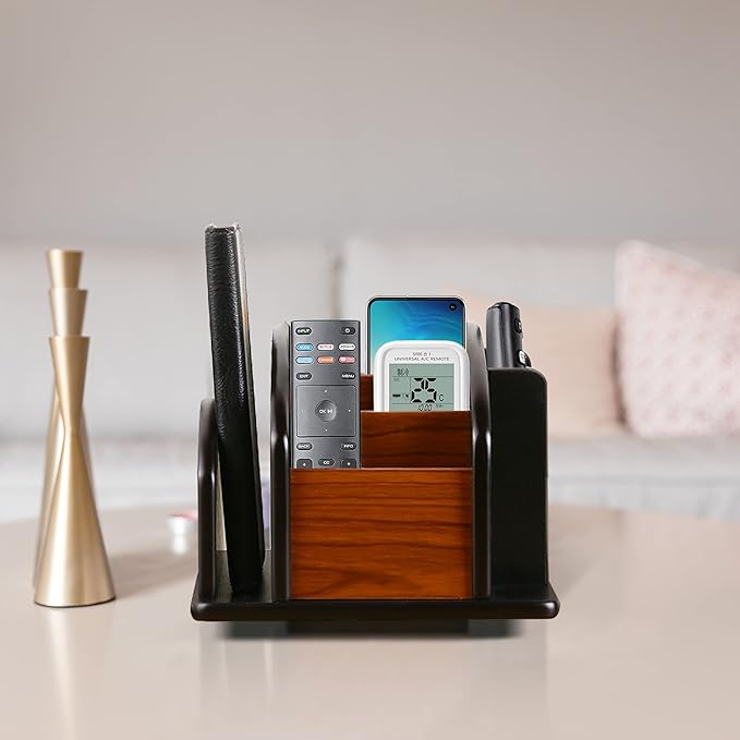 Wooden Desk Organizer, Desktop Office Supplies Storage Remote Control Caddy Holder (6-Compartment)