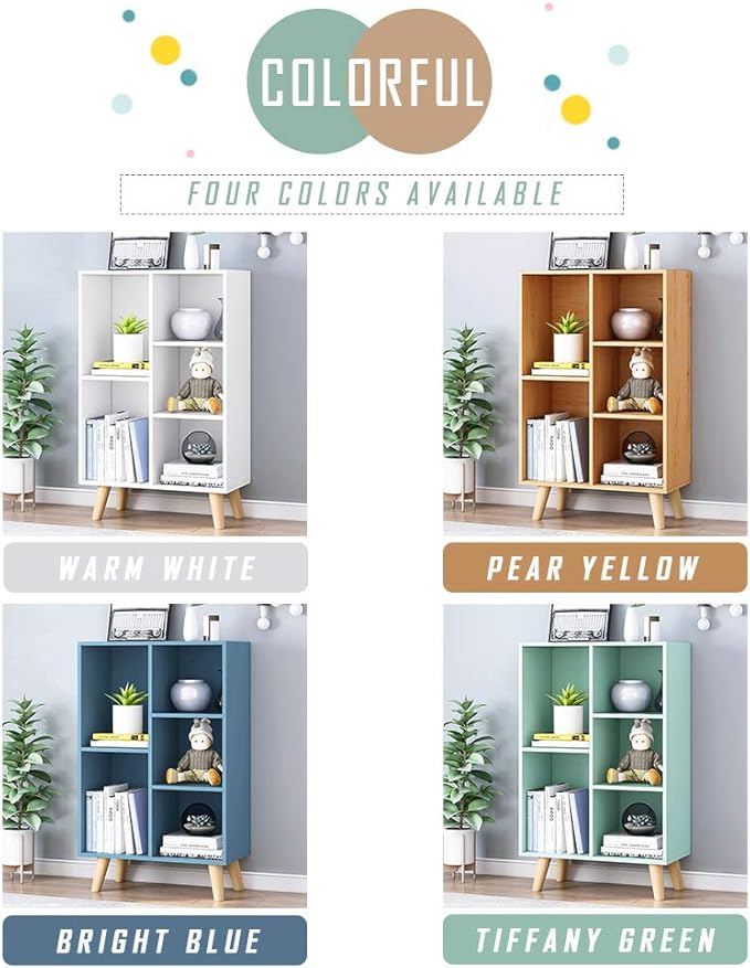 IOTXY Wooden Open Shelf Bookcase - 3-Tier Floor Standing Display Cabinet Rack with Legs, 5 Cubes Bookshelf, Warm White
