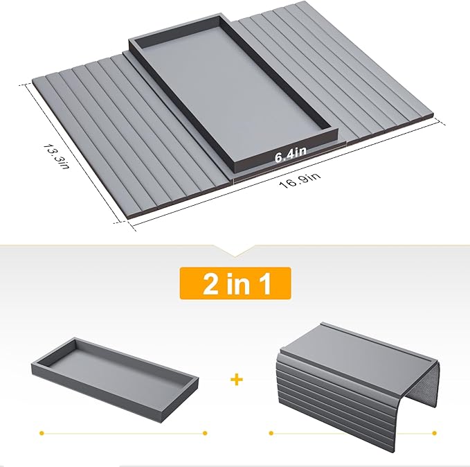 Sofa Armrest Tray Table for Couch - 2-in-1 Foldable Couch Arm Table with Be Slide Detachable Tray - Anti-Slip Sofa Armchair Caddy for Drinks Cup Cellphone TV Remote Snacks (Gray)