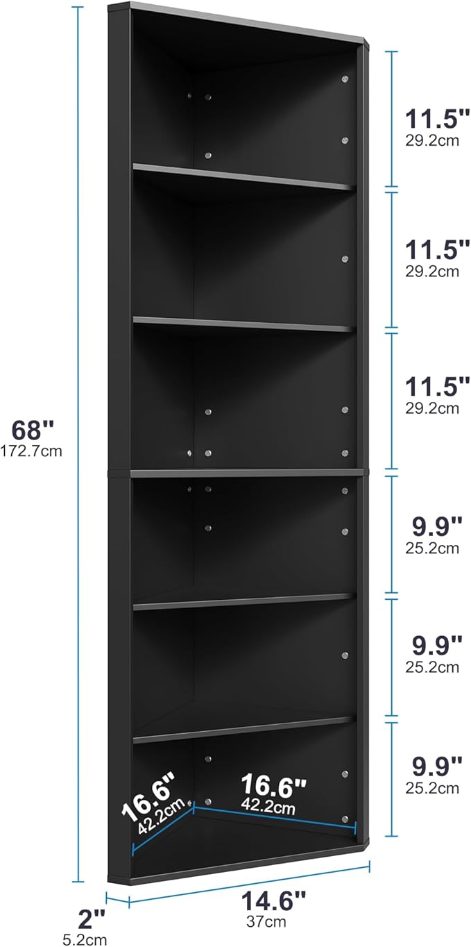 6 Tier Corner Shelf with Adjustable Shelf, 68" Tall Corner Bookshelf Bookcase, Freestanding Corner Display Storage Shelf for Living Room, Office, Kitchen, Bath Room,Small Space, Black
