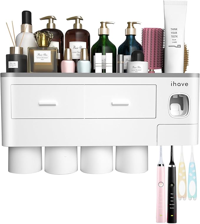 iHave Toothbrush Holders for Bathrooms, 4 Cups Toothbrush Holder Wall Mounted with Toothpaste Dispenser - Large Capacity Tray, 2 Cosmetic Drawer - Bathroom Organizer & Bathroom Accessories Set