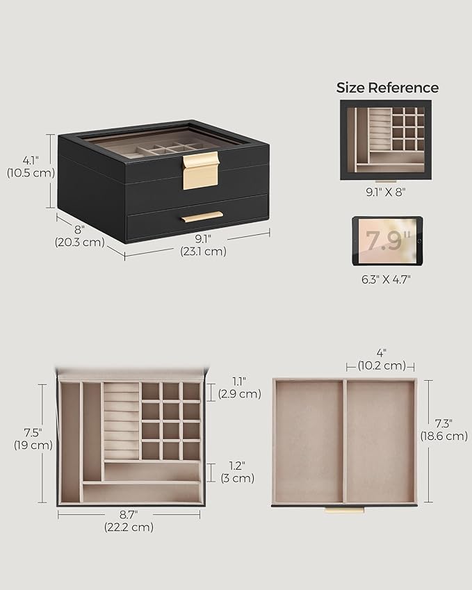 SONGMICS Jewelry Box Organizer with Glass Lid, 2-Layer Jewelry Storage, with 1 Drawer, Modern Style,Christmas Gift, 8 x 9.1 x 4.1 Inches, Graphite Black and Gold Color UJBC174B01