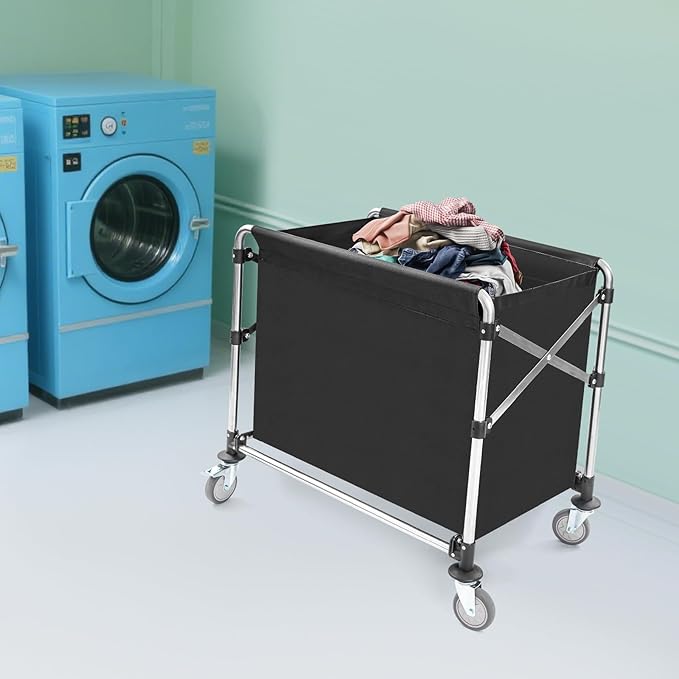 Commercial Laundry Cart with Wheels,Folding Laundry Hamper Cart,Heavy Duty Rolling Basket with Large Capacity,Sorter Trolley for Home Hotel Apartment (Black, 34.25 * 20.47 * 30.7in)