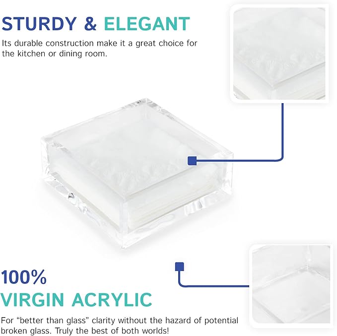 Huang Acrylic Clear Square Paper Napkin Holder | For Cocktails, Hosting, Picnics, Weddings, Parties | Long Lasting Premium Acrylic Construction