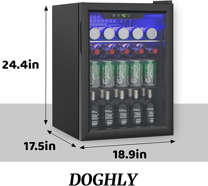 2.6 Cu.ft Beverage Refrigerator Cooler, 95 Can Mini Fridge with Glass Reversible Door, Digital Temperature Display for Soda, Beer or Wine For Office or Bar with Adjustable Removable Shelves