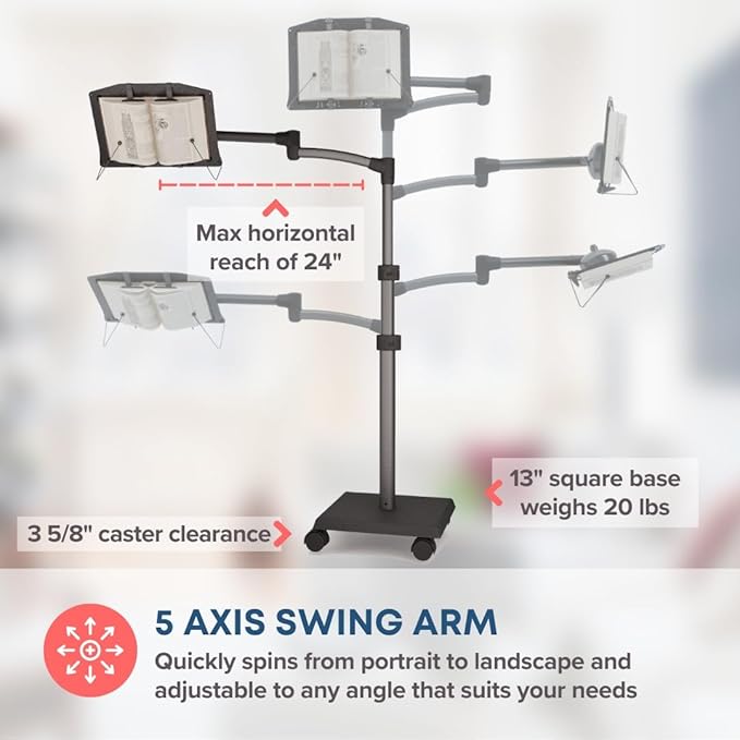 LEVO G2 Book Holder Floor Stand with Rolling Base – Our Premium Adjustable Reading Station on Wheels for Bed, Couch, or Recliner – Ergonomic Hands-Free Page Support for Heavy Novels and Textbooks