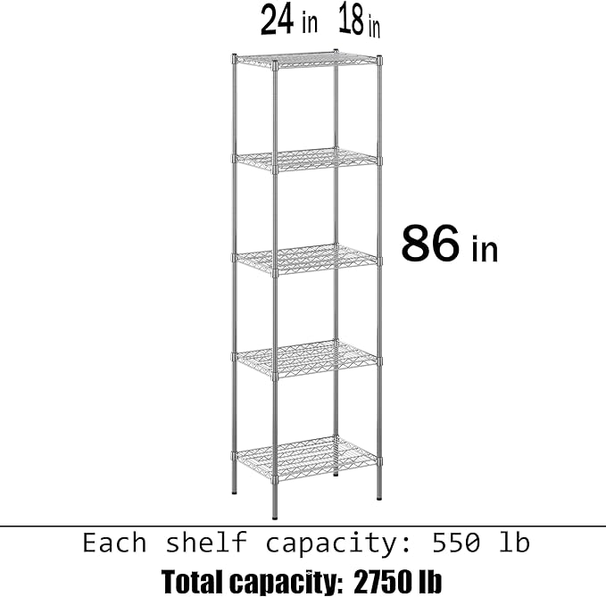 18" Deep x 24" Wide x 86" Height Wire Shelving Kit | 5-Tier | NSF Commercial Storage Rack Unit