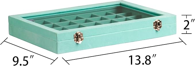 Frebeauty Velvet Jewelry Tray,35 Grid Jewelry Organizer with Clear Lid,Earring Holder Organizer Case with Clasp,Drawer Insert for Rings Studs,13.8 x 9.5 x 2 Inches,Gift for Women Girls(Turquoise)