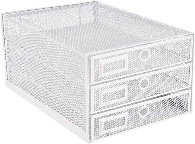 Annova Desk Organizer Wire Mesh 3 Tier Sliding Drawers Paper Sorter/Multifunctional/Premium Solid Construction for Letters, Documents, Mail, Files, Paper, Kids' Art Supplies (White)