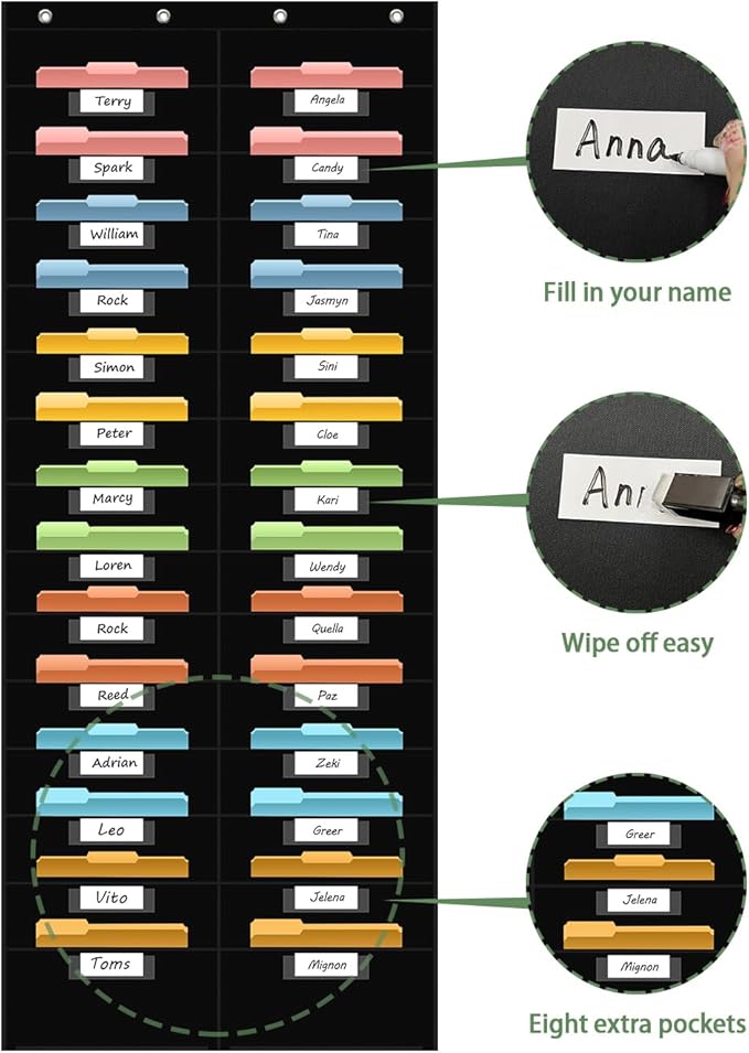 28 Pocket Hanging Wall File Organizer with 28 Name tag Pockets, File Storage Pocket Chart for Classroom and Office Use. Keeps Assignments, Files, Scrapbooks, and Papers Neatly Organized.