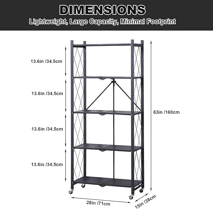 GlowSol 5 Tiers Folding Storage Shelves with Wheels-62.6" No Assembly Rolling Collapsible Shelves, Utility Metal Shelving Rack for Pantry,Kitchen and Garage,300kg Capacity