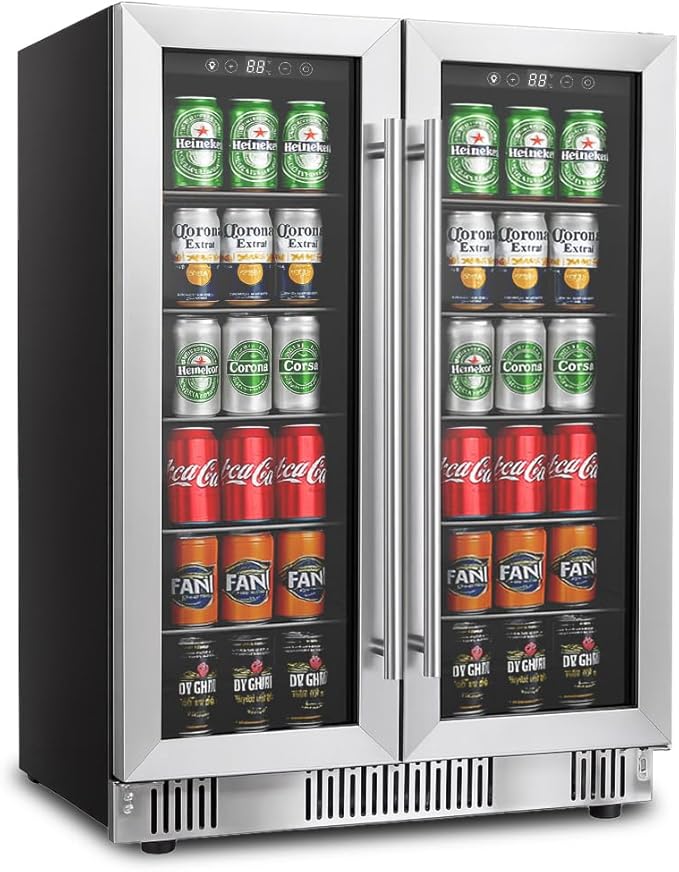 24 inch Beverage Refrigerator Cooler, 5.4 Cubic/176 Can Large Fridge Dual Zone with Glass Front Door, Under Counter Small Refrigerator with Adjustable Shelves and Digital Display