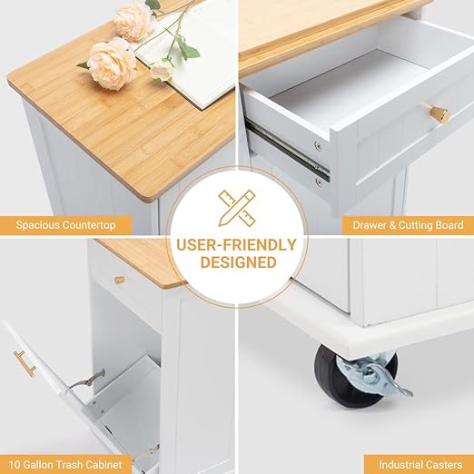 VINGLI Tilt Out Trash Cabinet, Garbage Can Cabinet with Drawer, 10 Gallon Movable/Freestanding Pet Proof Storage Organizer, Modern Trash Can Kitchen Cabinet, Living Room Storage, White