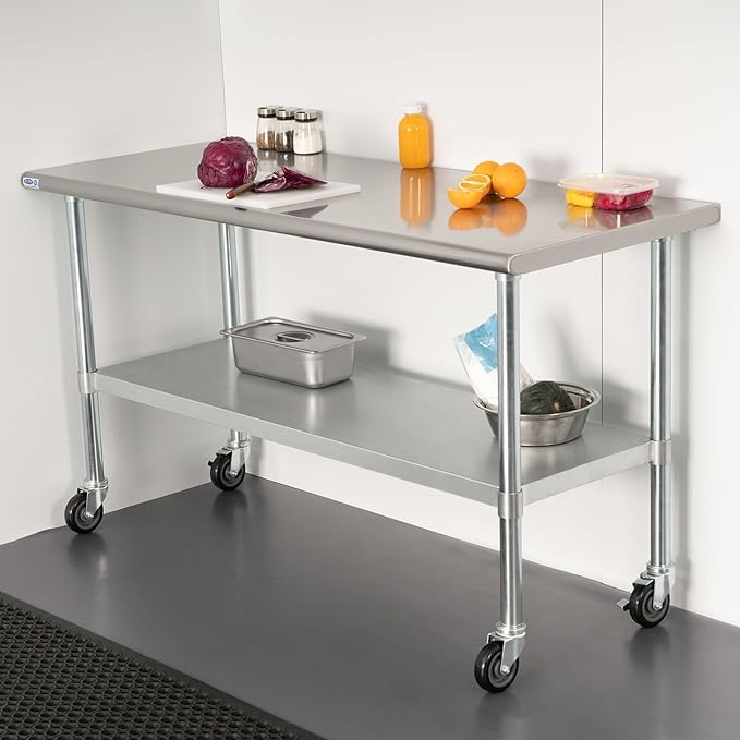 HARDURA Stainless Steel Table with Wheels 30 x 60 Inches Casters NSF Heavy Duty Commercial Work & Prep Table with Undershelf and Galvanized Legs for Restaurant Kitchen Bar and Hotel Garage