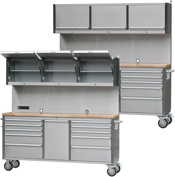72 inch 11 Drawers Tool Chest with 3 Up Cabinet & Pegboard in Stainless Steel, Large Lockable Mobile Workbench with 6 Blue Storage Bins, Tool Box for Garage, Workshop (2 × HTC7214W1)