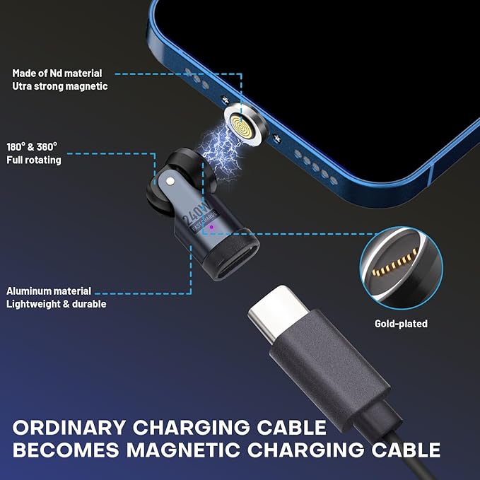USB C Magnetic Adapter 240W, Can Be Type-C Cord Into Right Angle Magnetic USB C Charging Cable, Magnet Charger USBC 90 Degree Adapter 180 OTG Tips for Phone 16/15 Pad Samsung(2 Pack Black)