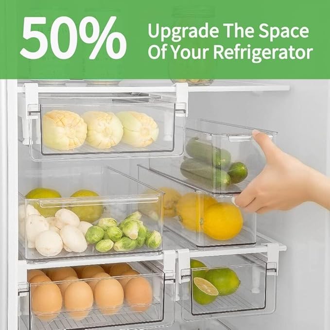 vacane Upgraded Refrigerator Drawers Organizer - Pull Out Fridge Bins with Handle, Extra-Long 19.5" Stretchable and Deep Storage