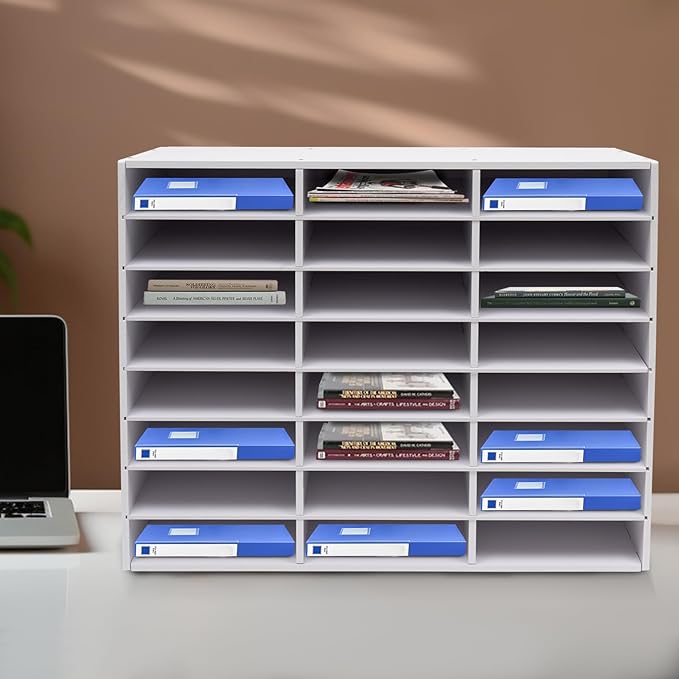 24 Compartments Literature Organizer, Desktop File Sorter Mail Center Paper Storage Cabinet Classroom Mailbox for Files Documents Papers Magazines (White 24Slots)