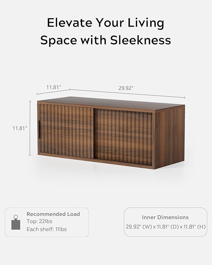 Floating Nightstand with Sliding Doors, Modern Fluted Large Night Stand Storage Shelf Wall Mounted Bedside Tables for Bedroom, Brown