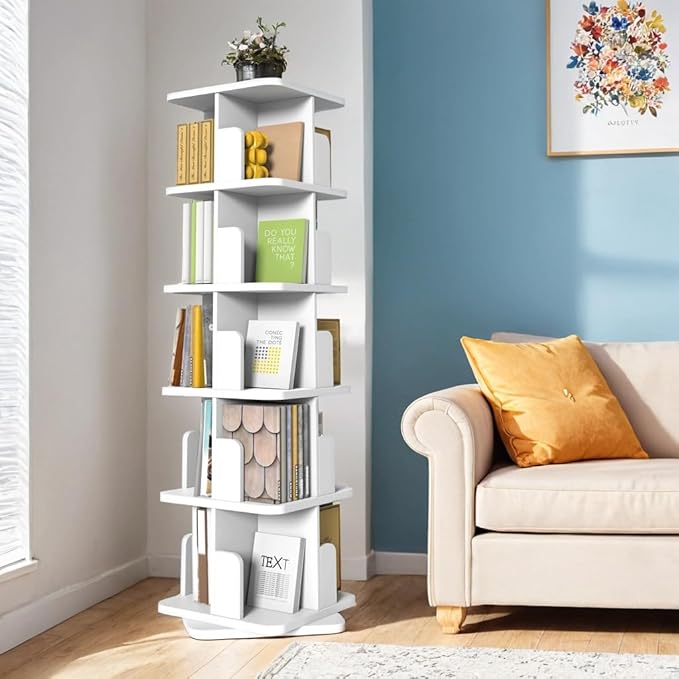 MHOM White Rotating Bookshelf, 360 Display 5 Tier Rotating Bookshelf Tower, Floor Standing Revolving Bookcase, Wooden Small Bookcase for Small Spaces, and Living Room