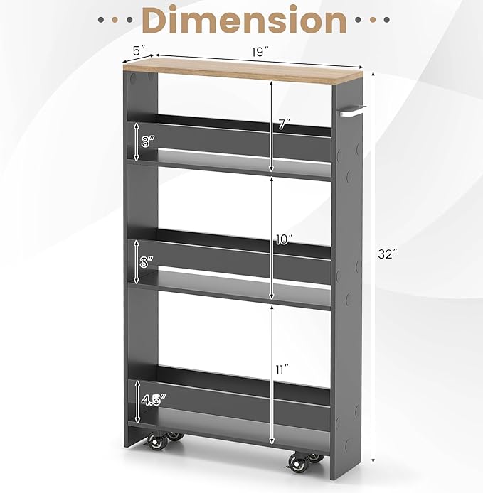 MAT EXPERT Slim Rolling Storage Cart, 4-Tier Freestanding Slim Storage Cart with Wheels 360 Degree & Metal Handle, Wooden Utility Cart for Narrow Kitchen, Laundry Room, Bathroom (Grey + Natural)