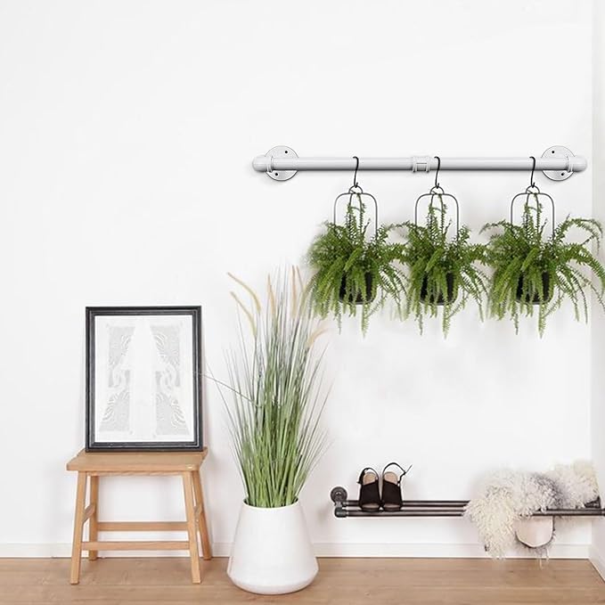 Industrial Iron Pipe Clothes Hanging Bar DIY Wall-Mounted Garment Rack Heavy Duty Clothing Rack for Bedroom, Laundry Room, Closet Storage (White 24 inch)