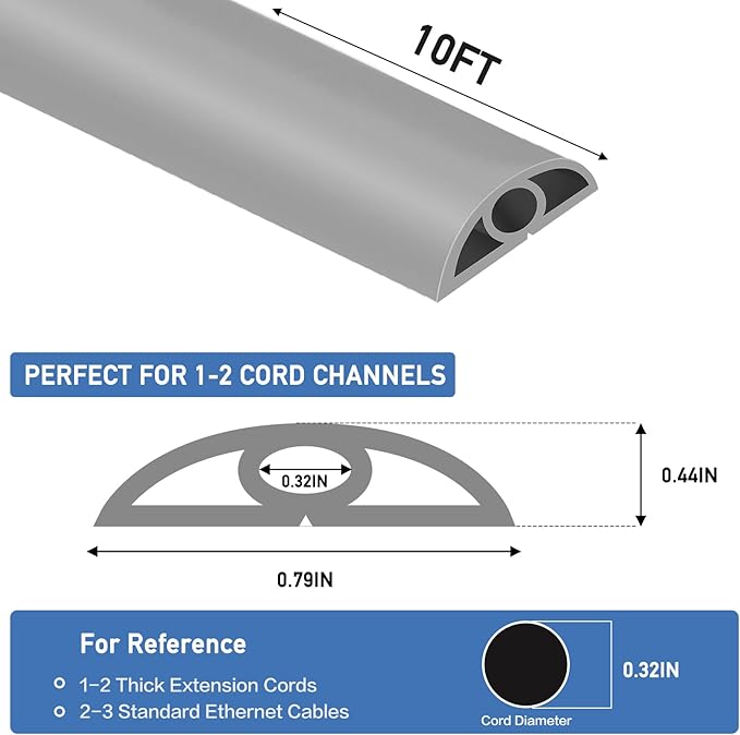 Floor Cord Cover Self Adhesive Cord Hider Floor Extension Cord Covers for Floor Power Cord Protector Cable Management Prevent Cable Trips Cable Cavity 0.32" W x 0.32" H (Grey, 10Ft)