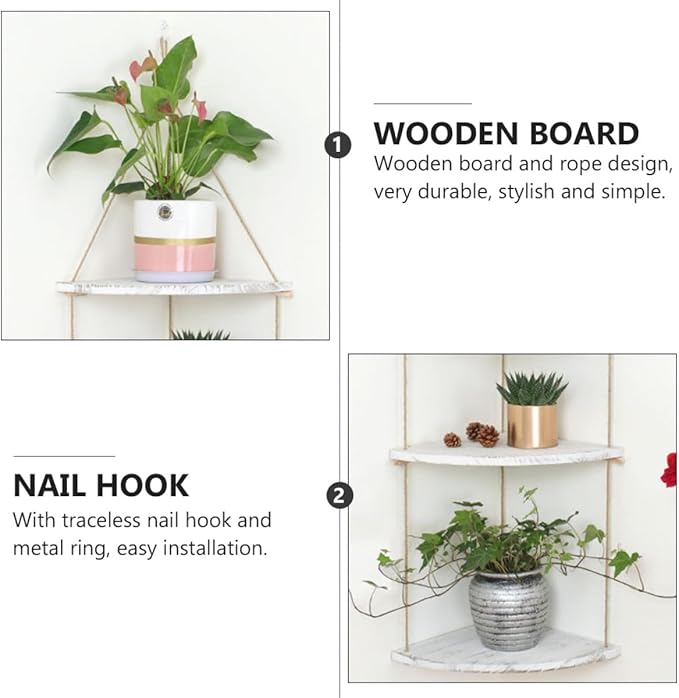 BESPORTBLE Nordic Style Fan-Shaped Wall Corner Rack with Detachable Wooden Shelves and Rope Design Space-Saving Floating Storage Shelf for Plants Crafts Photos in Bedroom Living Office