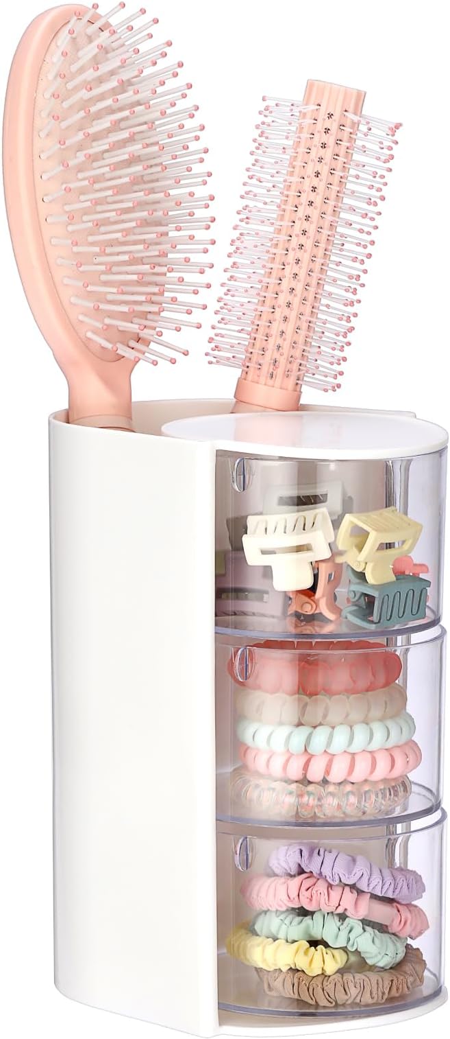 Rotating Accessories Organizer with Comb Holder Plastic Hair Clips Storage Container Cosmetic Storage Box for Makeup Sponge Brush, 3-Layer White