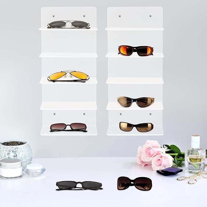 JOMCYDM 2PCS Sunglasses Holder Rack, 5 Tier Eye Glasses Shelf, Clear Acrylic Eye Glasses Shelf for Boutiques, Optometry Stores, Retail Stores, Eyeglasses Stores