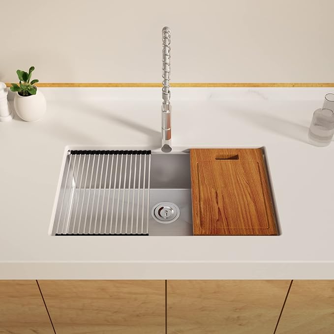 33 x 22 Drop-In/Undermount Kitchen Sink, TECASA Single Bowl Kitchen Sink with Pull Down Faucet, 18-Gauge T-304 Stainless Steel Basin with Workstation