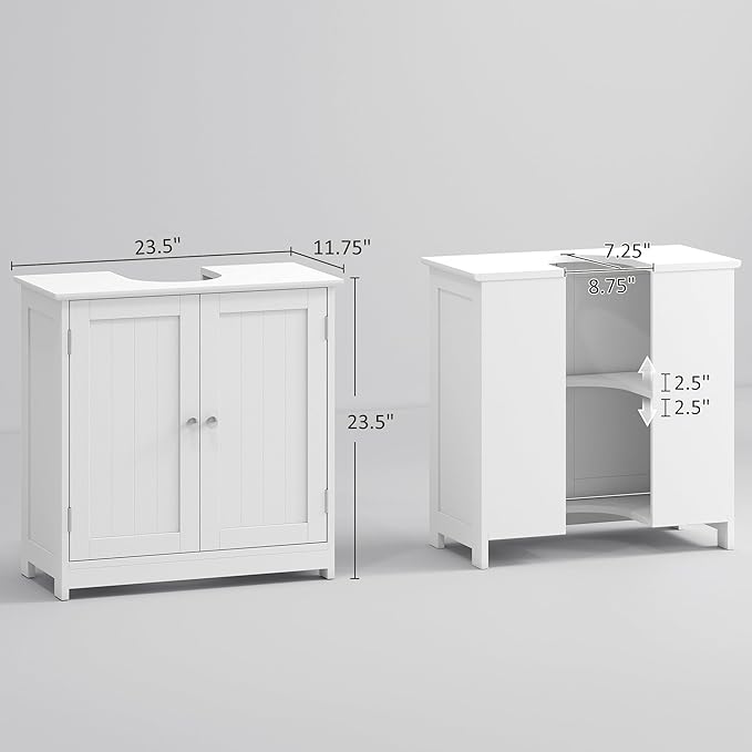 kleankin 23.5" Pedestal Sink Storage Cabinet, Freestanding Bathroom Under Sink Cabinet with U-Shape Cut-Out and Adjustable Shelf, White