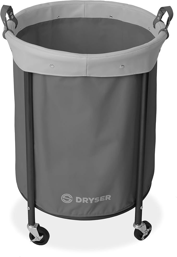 Dryser Laundry Basket with Wheels, 65 Gal. Commercial Round Rolling Laundry Hamper with Steel Cart, 4 Casters and 2 Brakes, Removable Liner - Gray