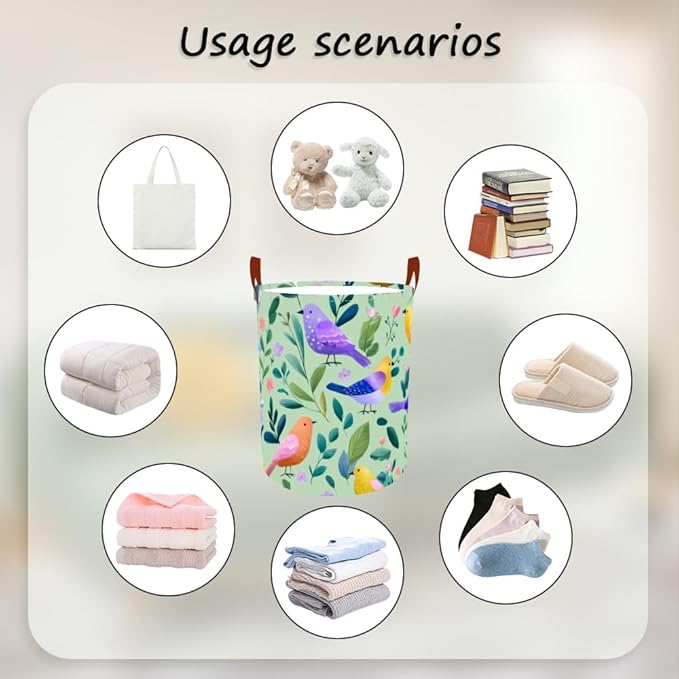 Laundry Baskets 15.7x19.7 Inch Large Colorful Birds Leaves Floral Design Collapsible Laundry Hamper with Handles Oxford Fabric Clothes Storage Bin Foldable Dirty Clothes for Bedroom Bathroom Dorm